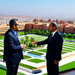 A diverse group of professional business individuals in modest business attire, observing a large-scale architectural model of a modern, sustainable urban development project. The scene features contemporary buildings, lush green spaces, and well-designed public areas, reflecting a vibrant economic hub in Morocco. The background shows a dynamic Moroccan city skyline with modern infrastructure under a clear sky, symbolizing growth and opportunity. The individuals are fully clothed, appropriate attire, safe for work, professional, perfect anatomy, correct proportions, natural pose, well-formed hands, proper finger count, natural body proportions, high-quality, professional photography, appropriate content.
