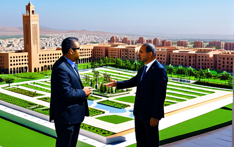 A diverse group of professional business individuals in modest business attire, observing a large-scale architectural model of a modern, sustainable urban development project. The scene features contemporary buildings, lush green spaces, and well-designed public areas, reflecting a vibrant economic hub in Morocco. The background shows a dynamic Moroccan city skyline with modern infrastructure under a clear sky, symbolizing growth and opportunity. The individuals are fully clothed, appropriate attire, safe for work, professional, perfect anatomy, correct proportions, natural pose, well-formed hands, proper finger count, natural body proportions, high-quality, professional photography, appropriate content.