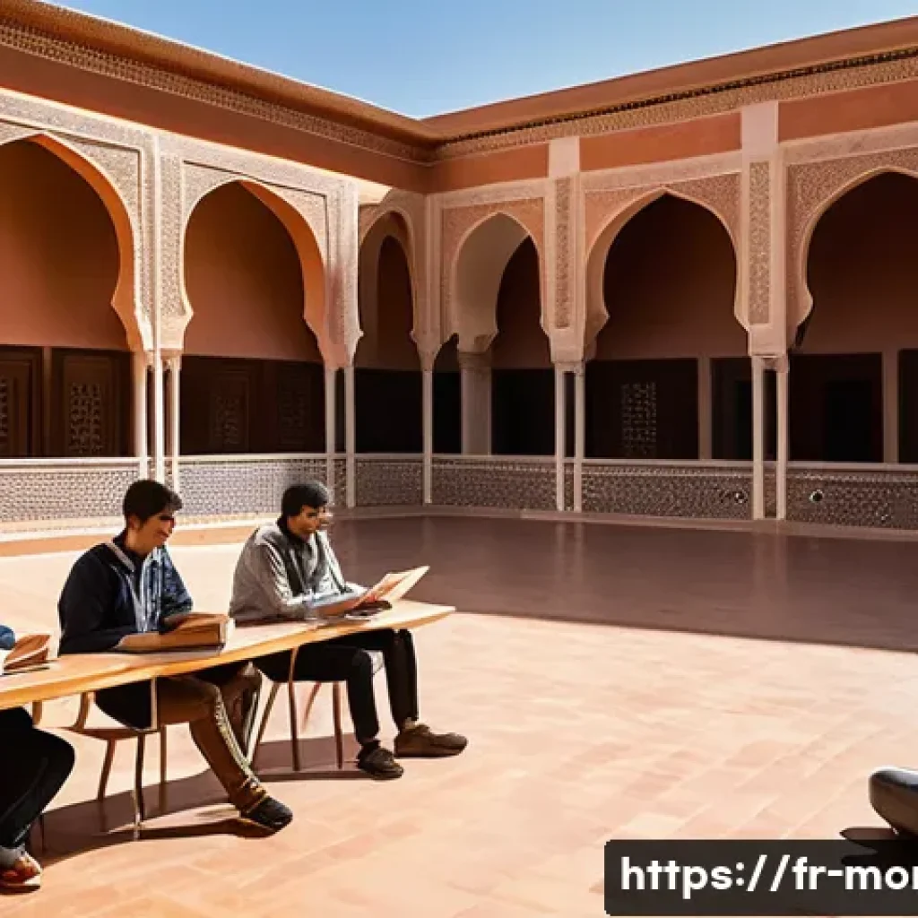 모로코 대학과 유학 정보 - **Prompt: "A vibrant, sunlit university campus in Morocco, blending modern architecture with subtle ...