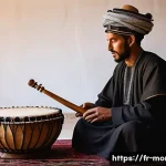 Home 20 모로코 전통 악기 가나와 - A detailed scene of a traditional Gnaoua musician, known as a "maâlem," playing a handcrafted Morocc...
