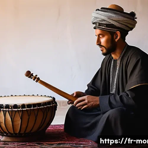 Home 32 모로코 전통 악기 가나와 - A detailed scene of a traditional Gnaoua musician, known as a "maâlem," playing a handcrafted Morocc...