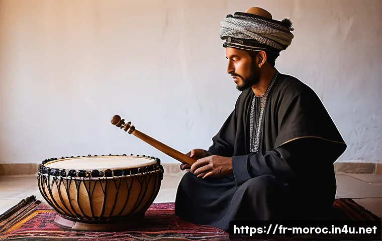 모로코 전통 악기 가나와 - A detailed scene of a traditional Gnaoua musician, known as a "ma&acirc;lem," playing a handcrafted Morocc...