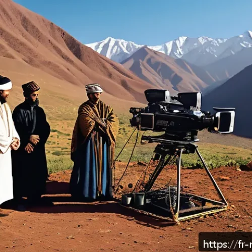 Home 31 모로코 영화 산업 - A cinematic scene depicting a Moroccan filmmaker directing a movie set in the Atlas Mountains, featu...