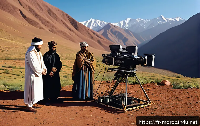 모로코 영화 산업 - A cinematic scene depicting a Moroccan filmmaker directing a movie set in the Atlas Mountains, featu...