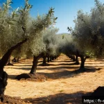 Home 18 모로코 올리브 오일 생산 - A sunlit Moroccan olive grove featuring centuries-old olive trees with gnarled trunks and silvery-gr...