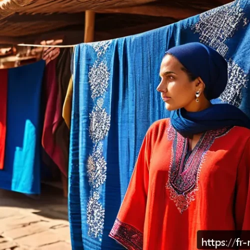 Home 17 모로코 전통 의상 젤라바 - A dignified Maghreb traditional garment worn by an adult woman standing in a sunlit artisan market, ...