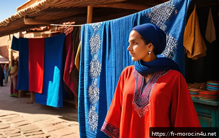 모로코 전통 의상 젤라바 - A dignified Maghreb traditional garment worn by an adult woman standing in a sunlit artisan market, ...