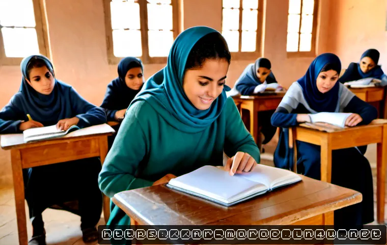 모로코의 교육 개혁 - Photorealistic Moroccan public school classroom during an education reform initiative, diverse middl...