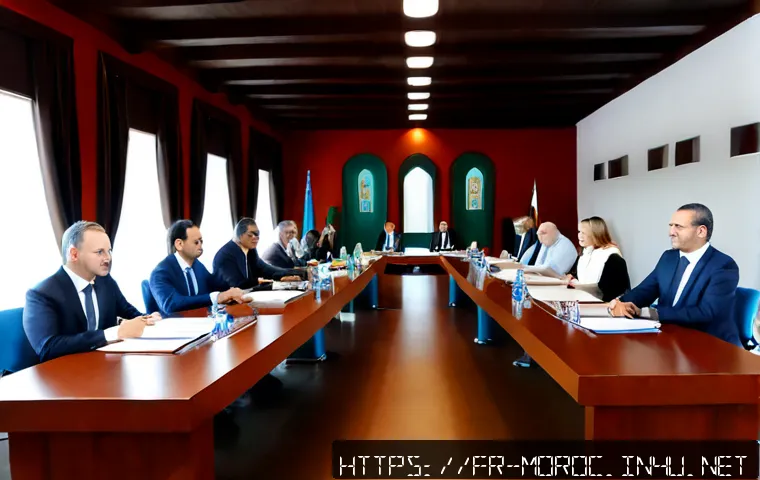 Home 17 모로코와 유럽연합 관계 - Photorealistic diplomatic meeting between Moroccan and European Union representatives in a bright mo...