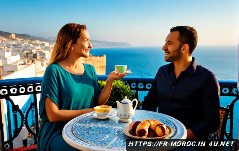 Home 17 모로코에서 유럽과 아프리카의 문화 융합 - Photorealistic travel scene in Tangier, Morocco, showing a stylish outdoor café terrace where Europe...